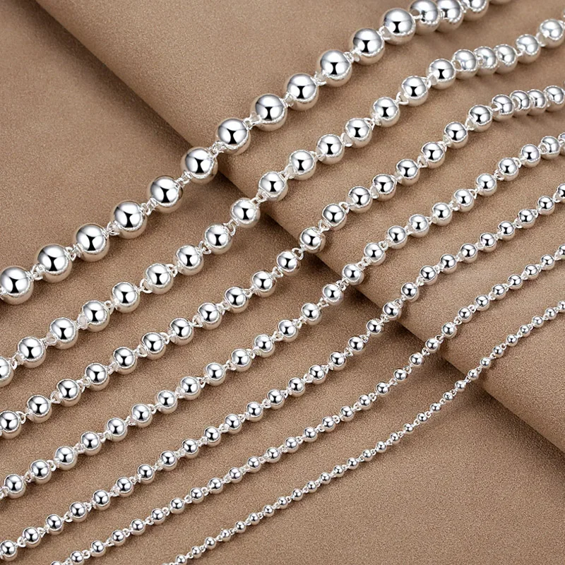 Real S999 Silver Chain Pure Silver Ball Necklace For Women Beads Sweater Long Chain Smooth Beads 20inch 22inch 24inch 26inch