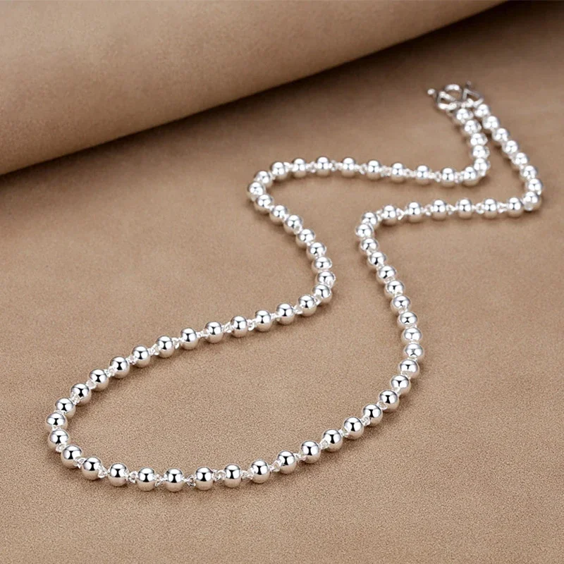 Real S999 Silver Chain Pure Silver Ball Necklace For Women Beads Sweater Long Chain Smooth Beads 20inch 22inch 24inch 26inch