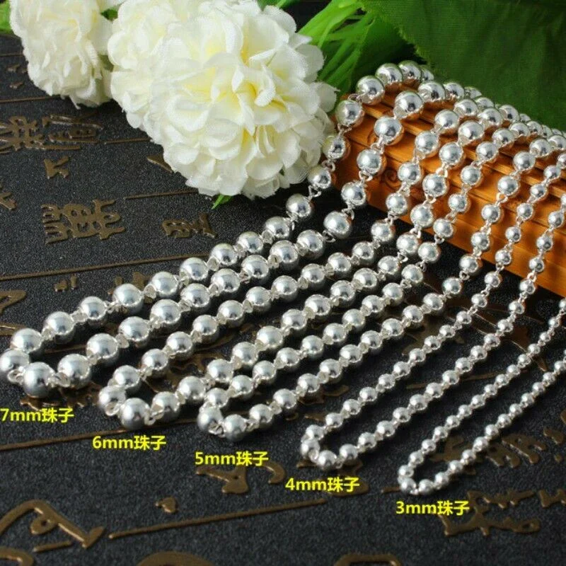 Real S999 Silver Chain Pure Silver Ball Necklace For Women Beads Sweater Long Chain Smooth Beads 20inch 22inch 24inch 26inch