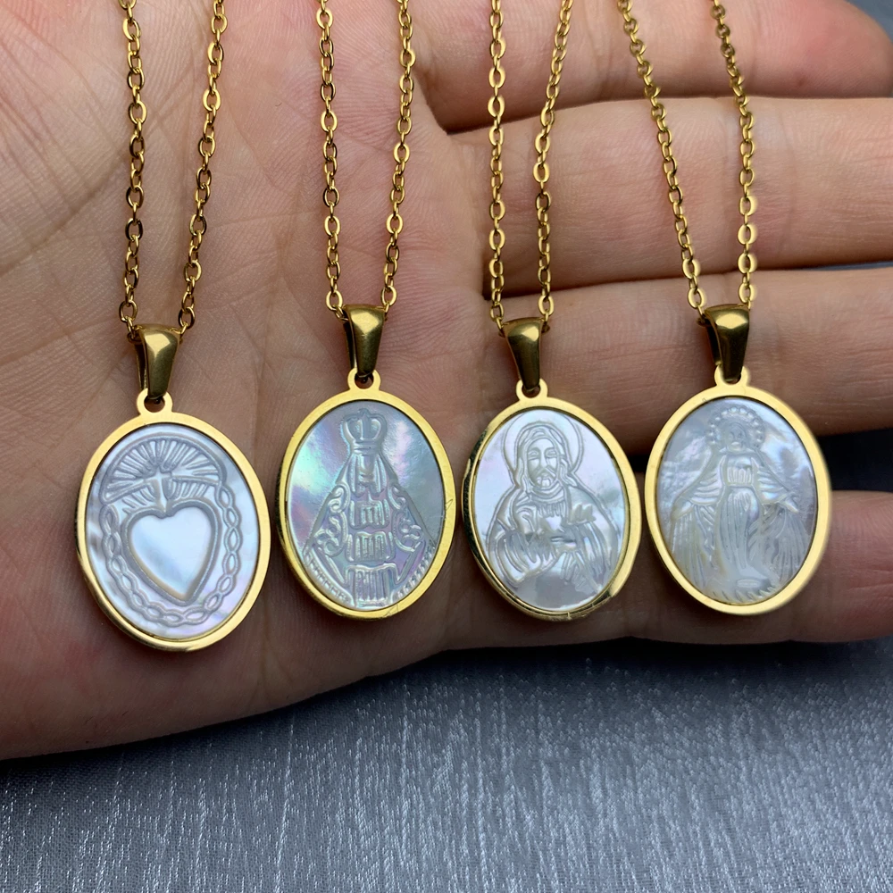 Women Stainless Steel Necklace Oval Mother Pearl Shell Religious Jesus Our Lady Virgin Mary Sacred Heart Pendant Neck For Female