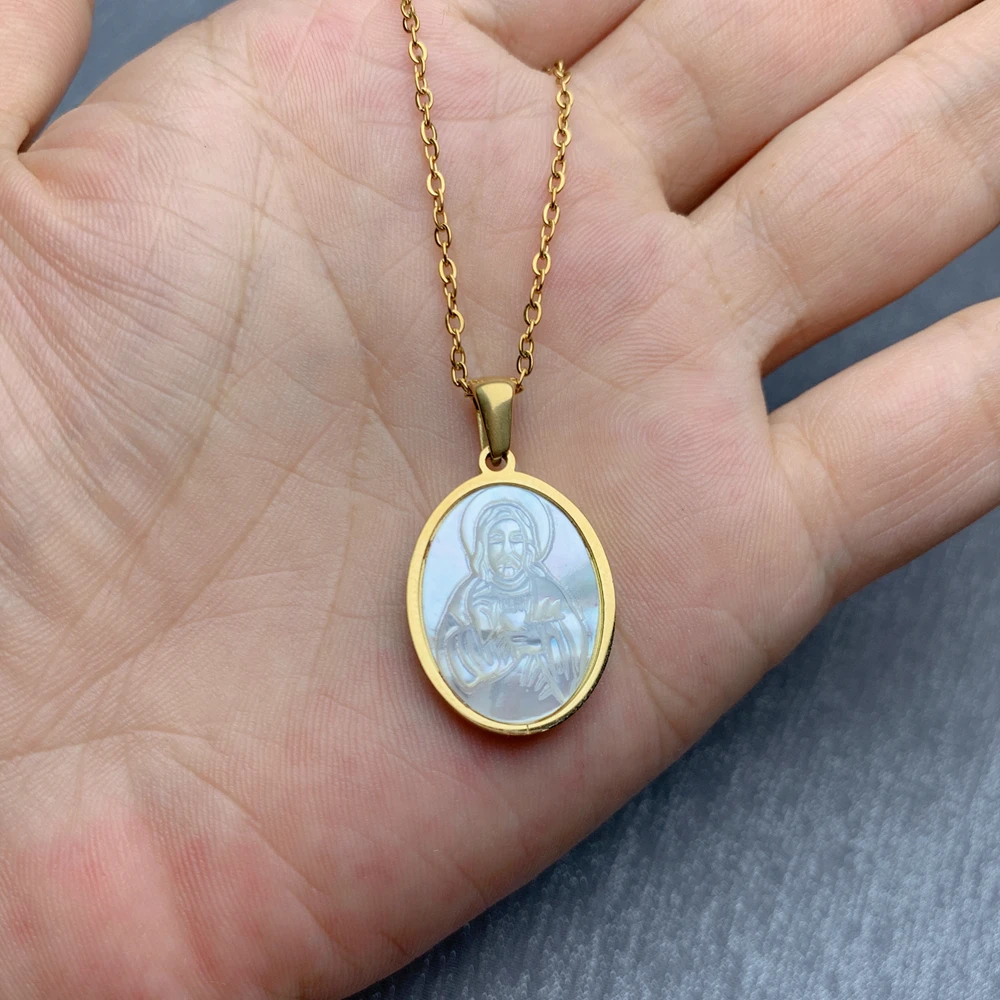 Women Stainless Steel Necklace Oval Mother Pearl Shell Religious Jesus Our Lady Virgin Mary Sacred Heart Pendant Neck For Female