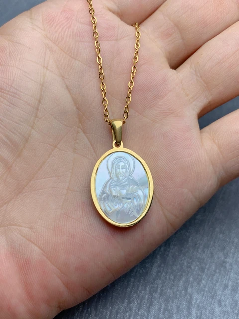 Women Stainless Steel Necklace Oval Mother Pearl Shell Religious Jesus Our Lady Virgin Mary Sacred Heart Pendant Neck For Female