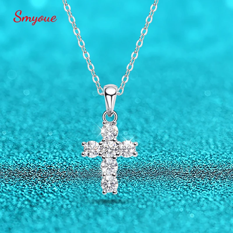 D Color 3mm Moissanite Cross Pendant for Women 6pcs Gemstone Sparkling Simulated Diamond S925 Silver Moissanite Necklace