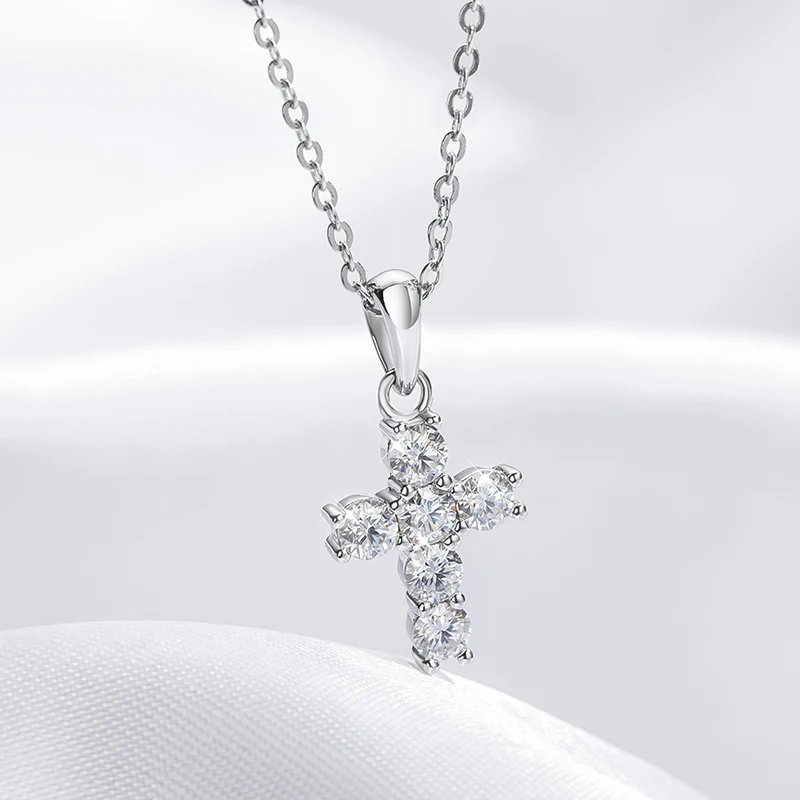 D Color 3mm Moissanite Cross Pendant for Women 6pcs Gemstone Sparkling Simulated Diamond S925 Silver Moissanite Necklace