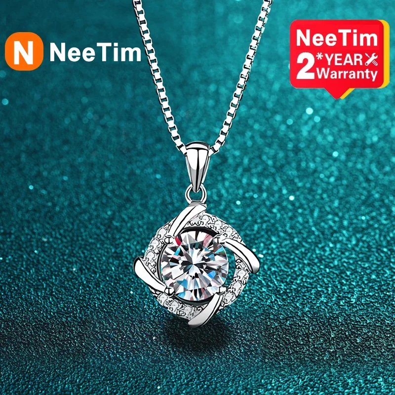 NeeTim Moissanite Necklace for Women 925 Sterling Sliver Plated 18k White Gold Pendant Wedding Party Jewelry with Certificates