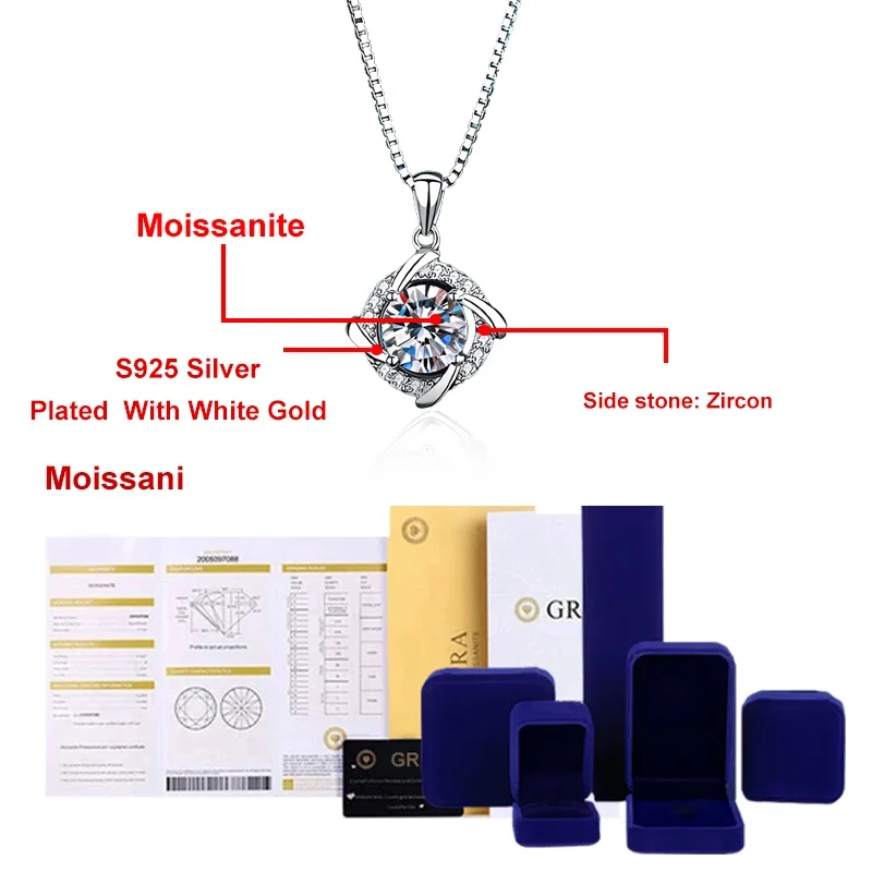 NeeTim Moissanite Necklace for Women 925 Sterling Sliver Plated 18k White Gold Pendant Wedding Party Jewelry with Certificates