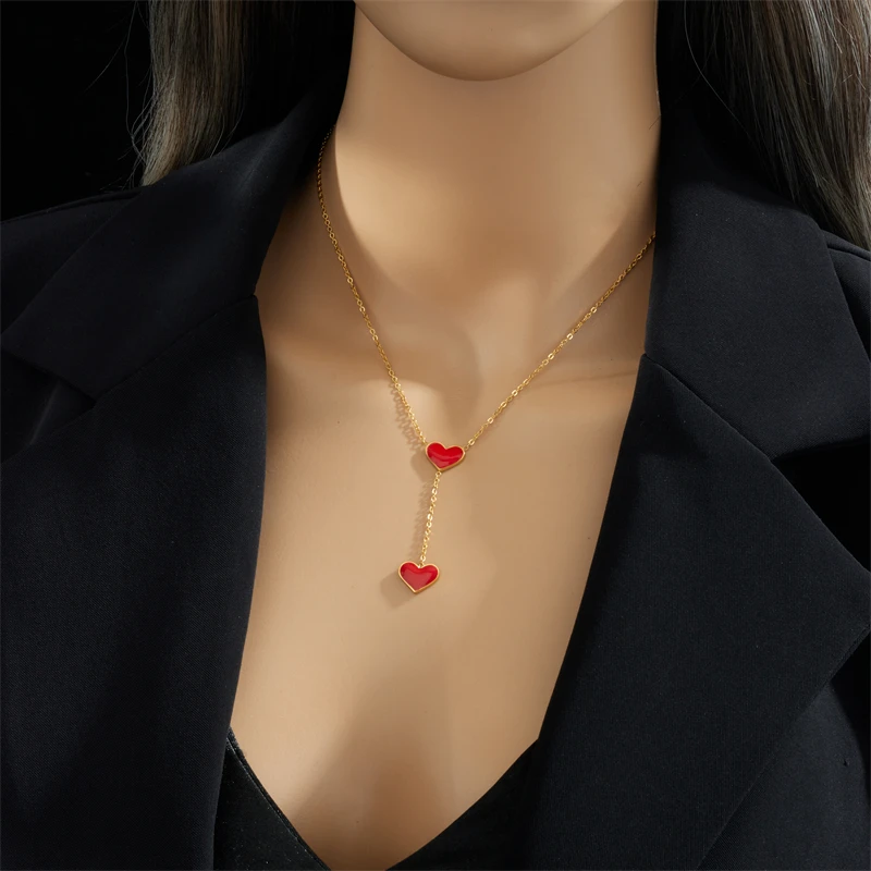 DIEYURO 316L Stainless Steel Red Heart Pendant Necklace For Women New Trend Girls Clavicle Chain Party Birthday Jewelry Gifts