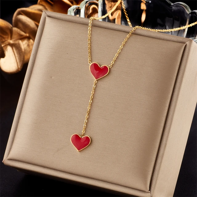 DIEYURO 316L Stainless Steel Red Heart Pendant Necklace For Women New Trend Girls Clavicle Chain Party Birthday Jewelry Gifts