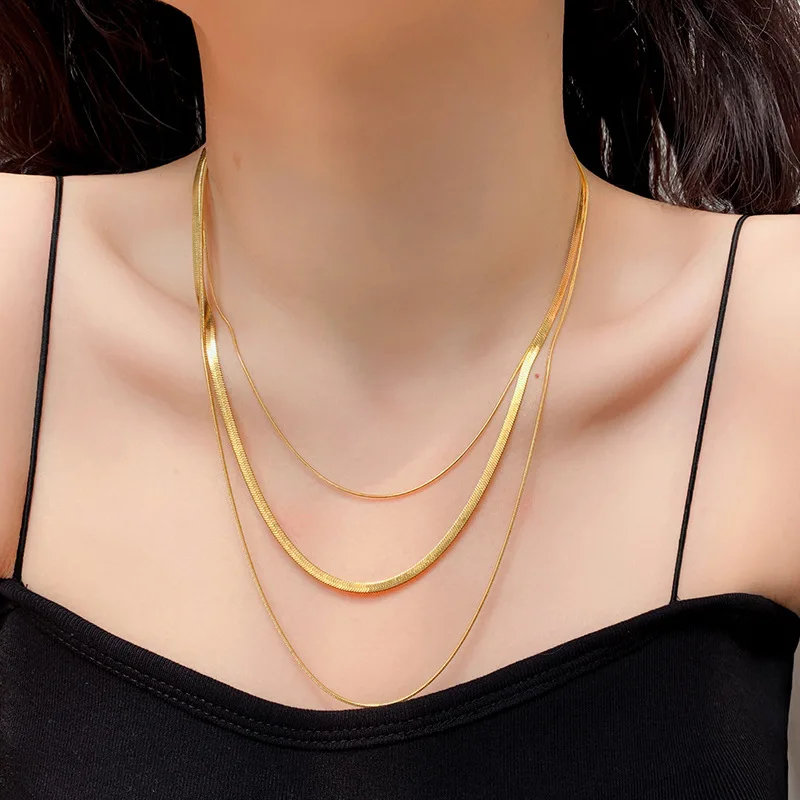 316L Stainless Steel New Fashion Fine Jewelry Minimalism 3 Layer Snake Bone Charm Chain Choker Necklaces Pendants For Women