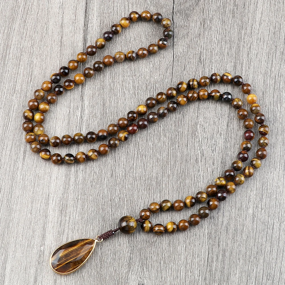 Vintage Design Tiger Eye Stone Necklace Handmade Knotted 6mm 108 Mala Beads Necklaces Drop Pendant Women Men Yoga Jewelry GiftsP
