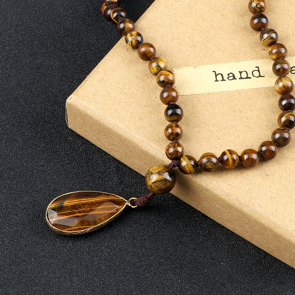 Vintage Design Tiger Eye Stone Necklace Handmade Knotted 6mm 108 Mala Beads Necklaces Drop Pendant Women Men Yoga Jewelry GiftsP