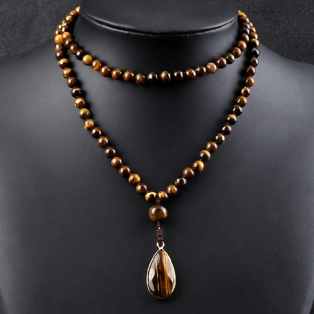 Vintage Design Tiger Eye Stone Necklace Handmade Knotted 6mm 108 Mala Beads Necklaces Drop Pendant Women Men Yoga Jewelry GiftsP