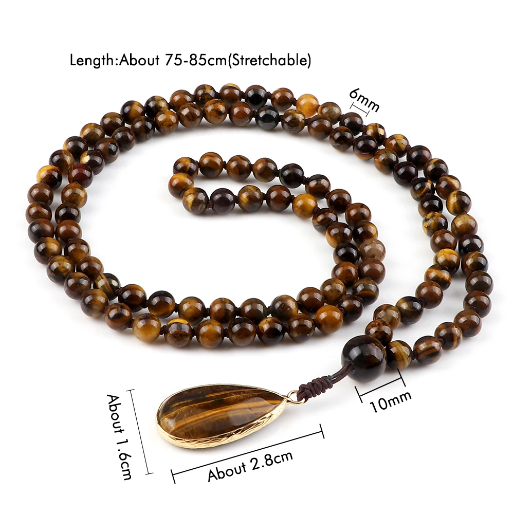 Vintage Design Tiger Eye Stone Necklace Handmade Knotted 6mm 108 Mala Beads Necklaces Drop Pendant Women Men Yoga Jewelry GiftsP