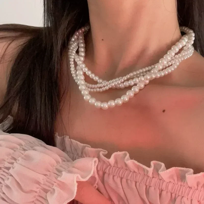 Bohemian Style Imitation Pearl Multi-layered Women's Necklace Exaggerated Fashion Luxury Clavicle Chain For Women Jewelry