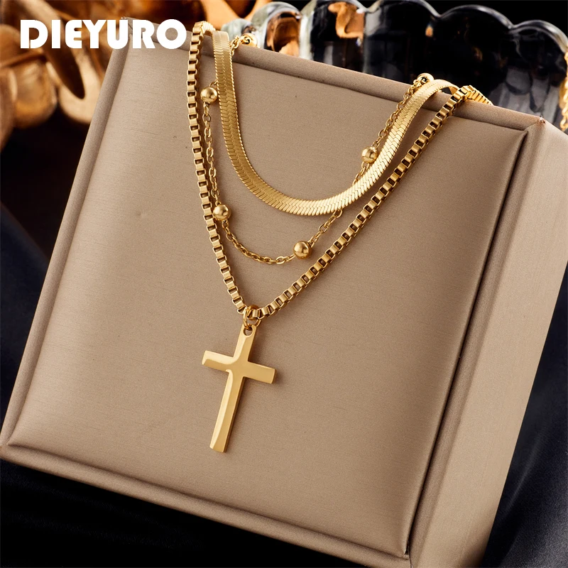 316L Stainless Steel Gold Color Cross Pendant Necklace For Women New Trend Girls 3in1 Chain Rustproof Jewelry Party Gift