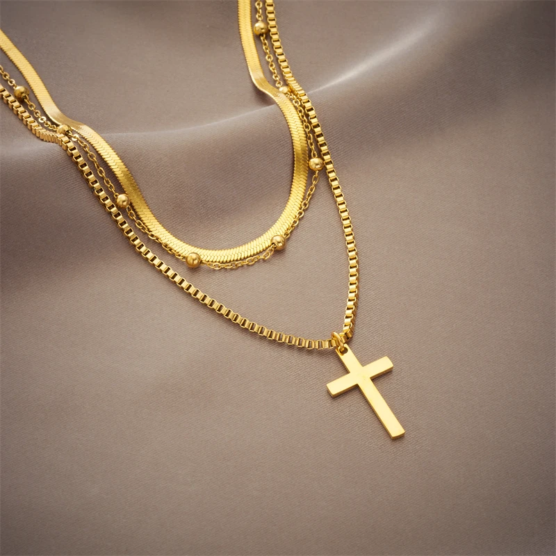 316L Stainless Steel Gold Color Cross Pendant Necklace For Women New Trend Girls 3in1 Chain Rustproof Jewelry Party Gift