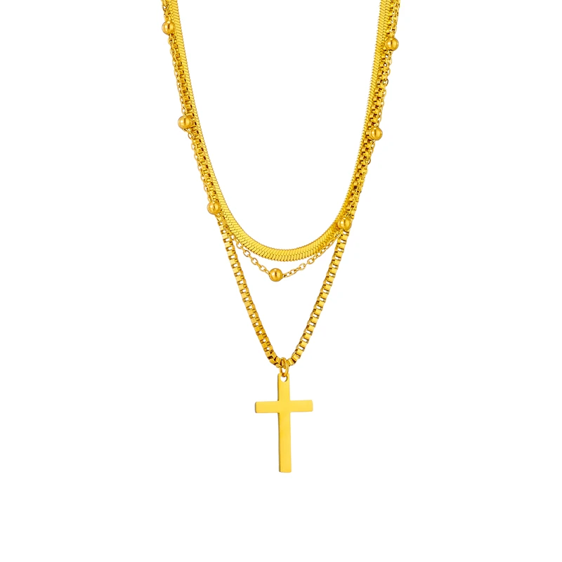 316L Stainless Steel Gold Color Cross Pendant Necklace For Women New Trend Girls 3in1 Chain Rustproof Jewelry Party Gift