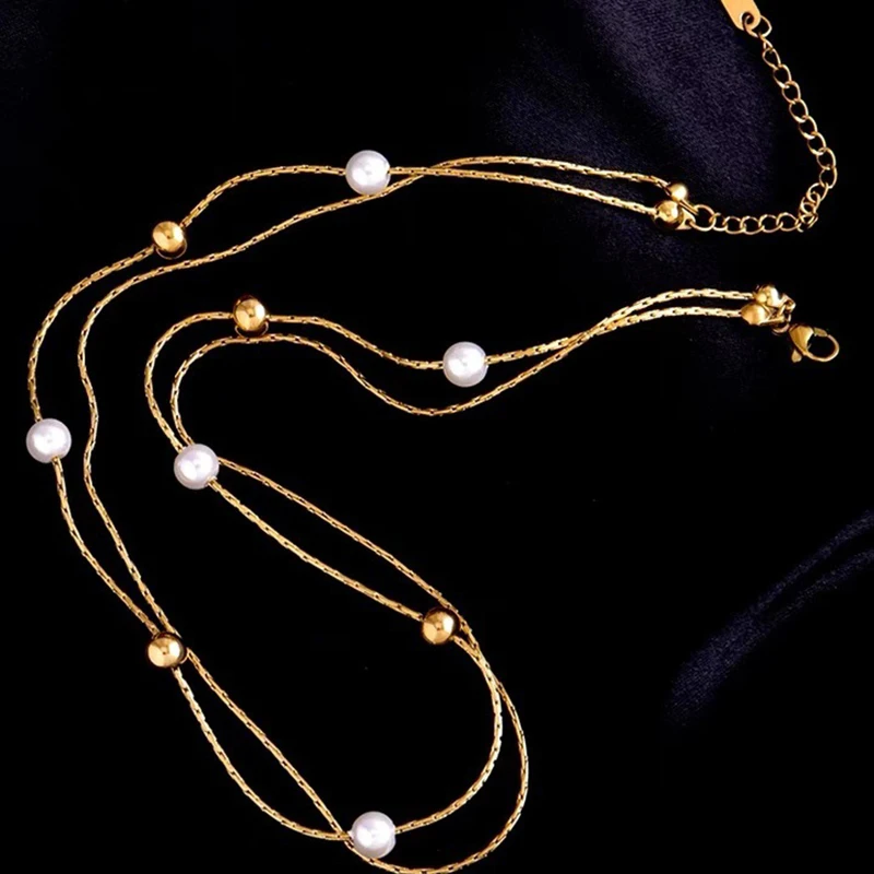 316L Stainless Steel Beaded Necklace Gentle Pearl Clavicle Chain Temperament Golden Double Layer Round Necklace For Girl