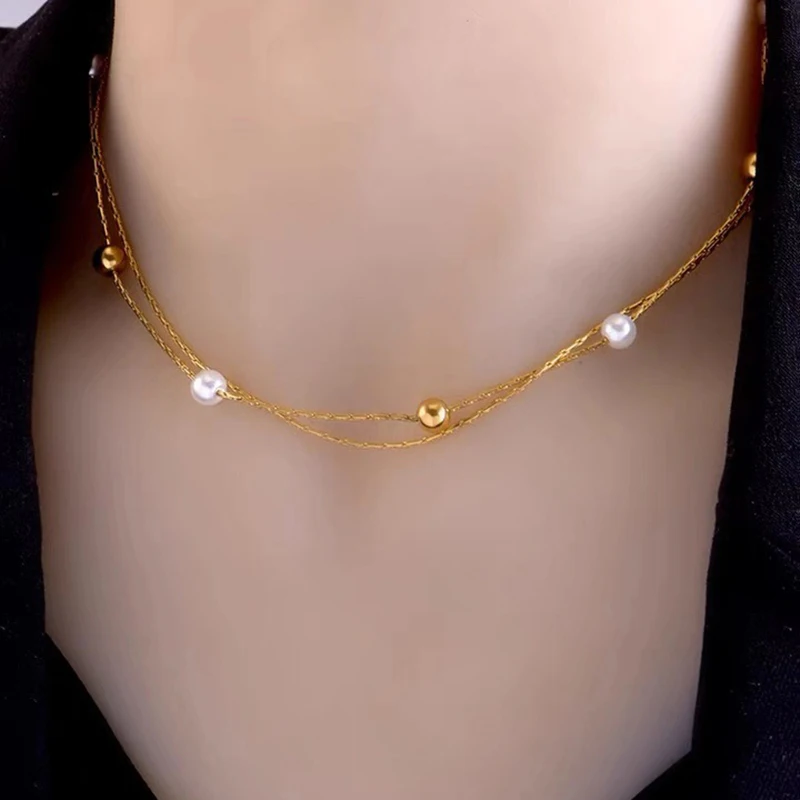 316L Stainless Steel Beaded Necklace Gentle Pearl Clavicle Chain Temperament Golden Double Layer Round Necklace For Girl