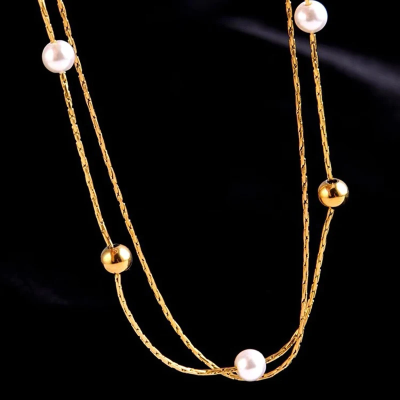 316L Stainless Steel Beaded Necklace Gentle Pearl Clavicle Chain Temperament Golden Double Layer Round Necklace For Girl