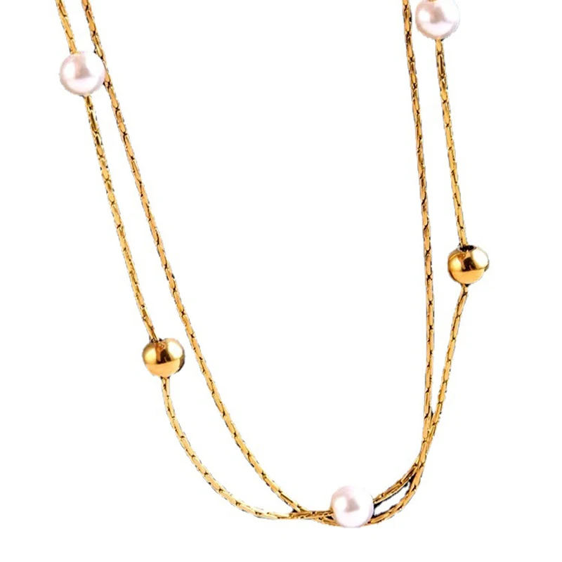 316L Stainless Steel Beaded Necklace Gentle Pearl Clavicle Chain Temperament Golden Double Layer Round Necklace For Girl