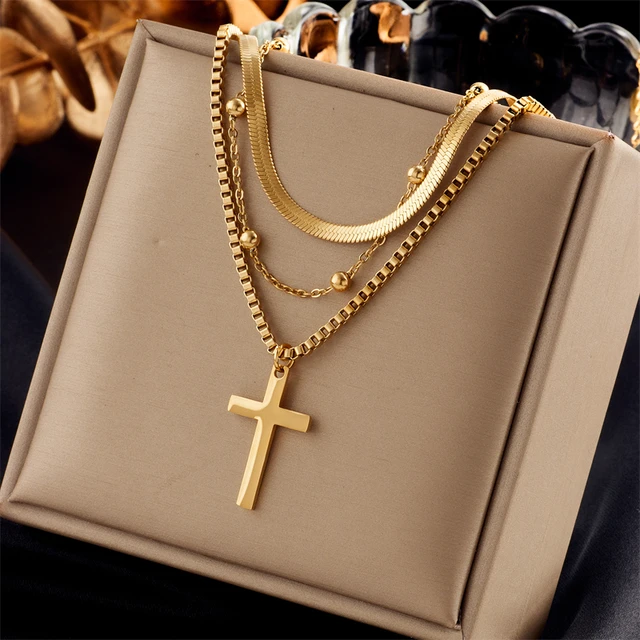 316L Stainless Steel Gold Color Cross Pendant Necklace For Women New Trend Girls 3in1 Chain Rustproof Jewelry Party Gift