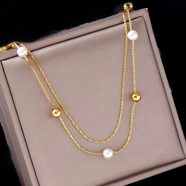 316L Stainless Steel Beaded Necklace Gentle Pearl Clavicle Chain Temperament Golden Double Layer Round Necklace For Girl