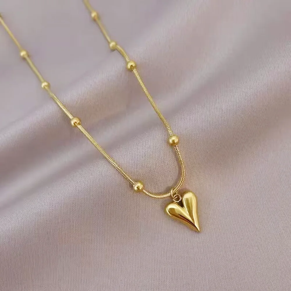 Simple Gold-plate Metal Bead Snake Chain Necklace For Women Fashion Vintage Heart-shaped Pendant Choker Jewelry