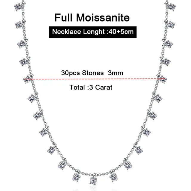 Serenity Day Real D Color 30 Stones 3mm 4mm Full Moissanite Brilliant Necklace For Women 100% S925 Sterling Silver Fine Jewelry