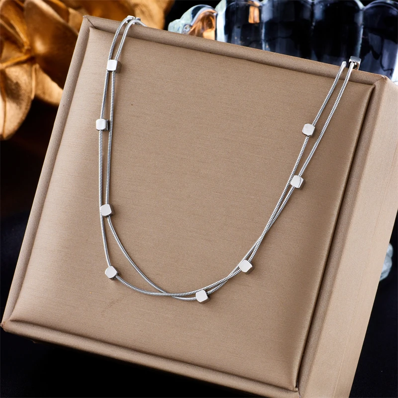 316L Stainless Steel 2 In 1 Small Cube Chains Necklace For Women New Gold Silver Color Girls Choker Party Jewelry Gifts