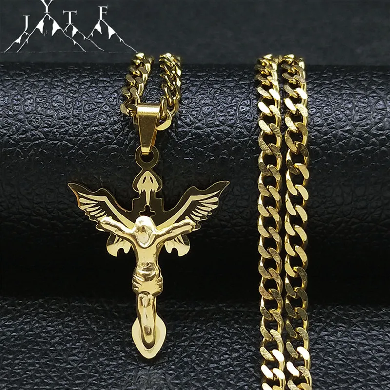 Fashion Stainless Steel Catholic Wings Jesus Pendant Necklace Women/Men Gold Color Necklaces Jewelry collar choker N8001S05
