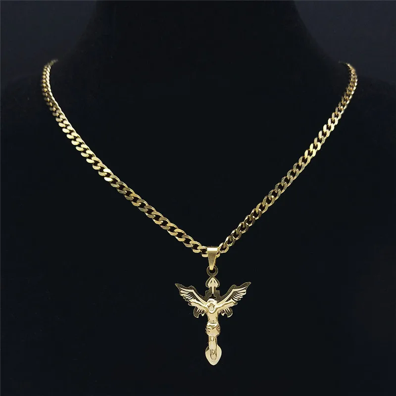 Fashion Stainless Steel Catholic Wings Jesus Pendant Necklace Women/Men Gold Color Necklaces Jewelry collar choker N8001S05