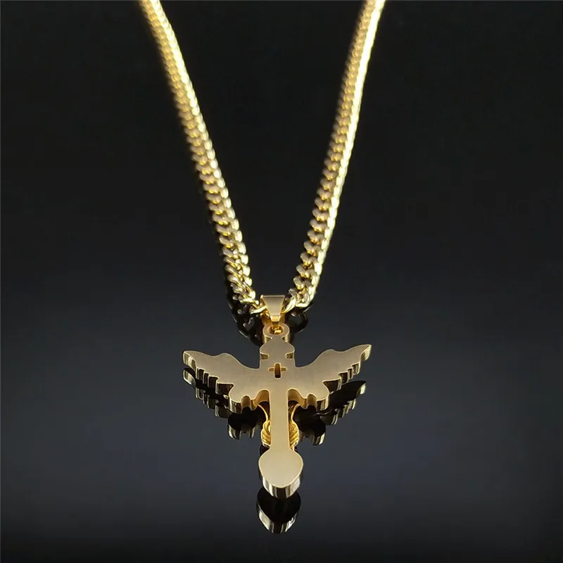 Fashion Stainless Steel Catholic Wings Jesus Pendant Necklace Women/Men Gold Color Necklaces Jewelry collar choker N8001S05