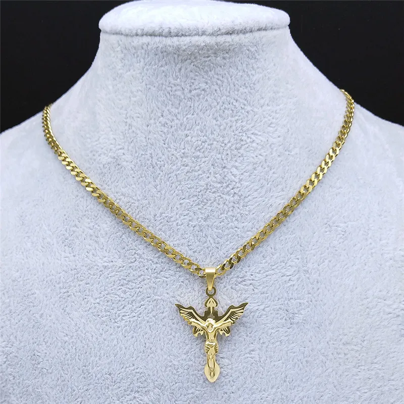 Fashion Stainless Steel Catholic Wings Jesus Pendant Necklace Women/Men Gold Color Necklaces Jewelry collar choker N8001S05