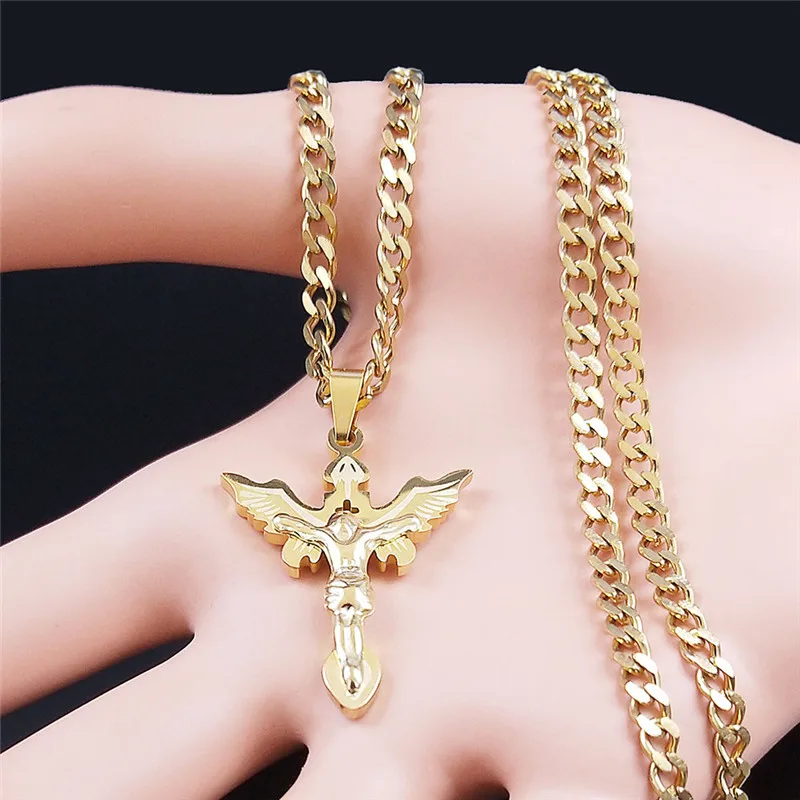 Fashion Stainless Steel Catholic Wings Jesus Pendant Necklace Women/Men Gold Color Necklaces Jewelry collar choker N8001S05