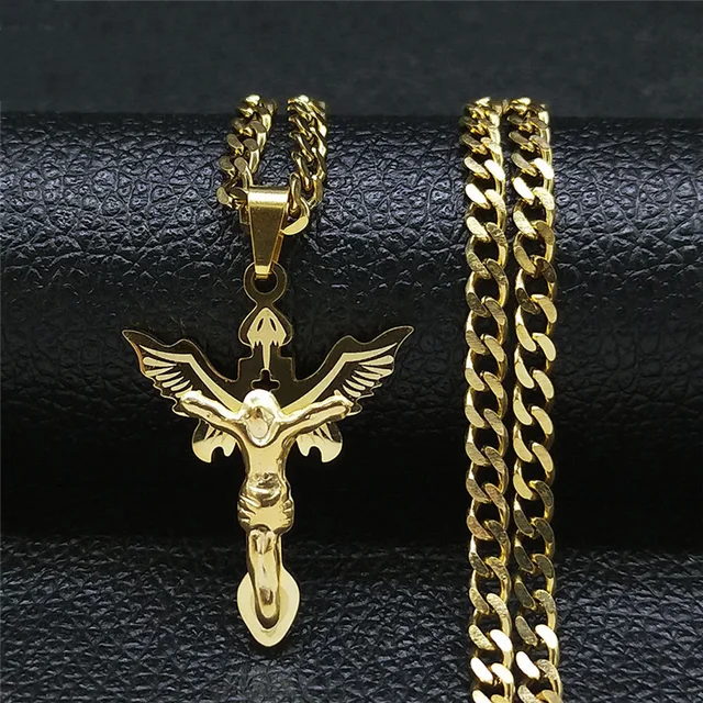 Fashion Stainless Steel Catholic Wings Jesus Pendant Necklace Women/Men Gold Color Necklaces Jewelry collar choker N8001S05