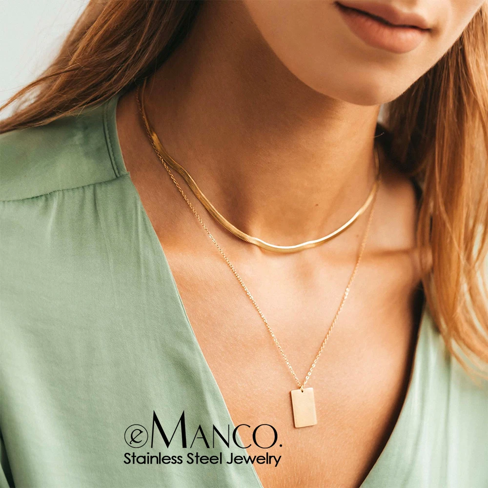 Stainless Steel Chain Squarependant  Necklace Multilayer Gold Color Necklace For Women