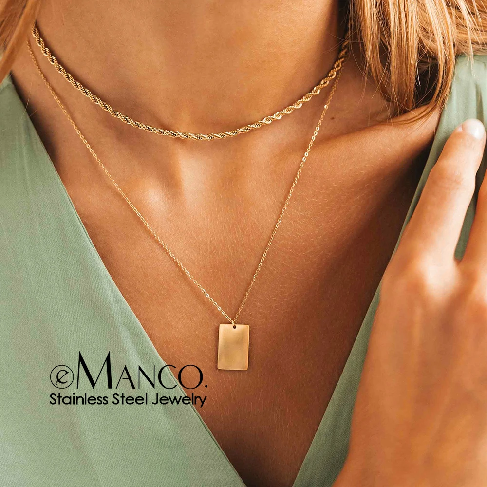 Stainless Steel Chain Squarependant  Necklace Multilayer Gold Color Necklace For Women