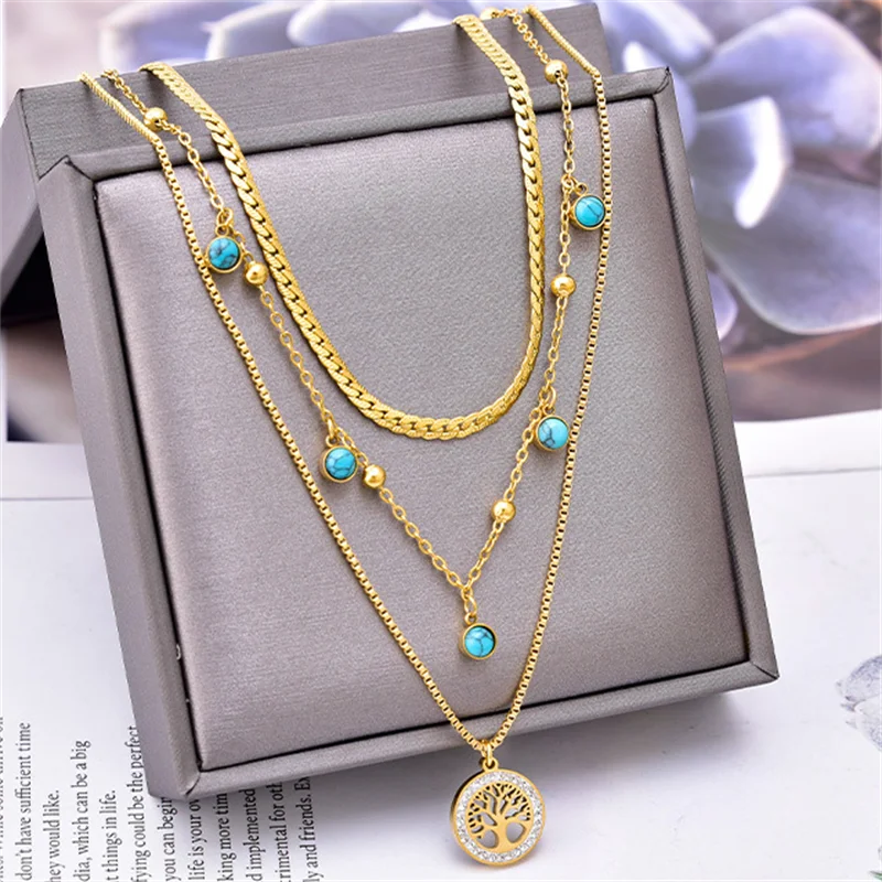 316L Stainless Steel New Fashion Fine Jewelry 3-layer Star Moon Tree Love Charms Thick Chain Choker Necklaces Pendants For Women