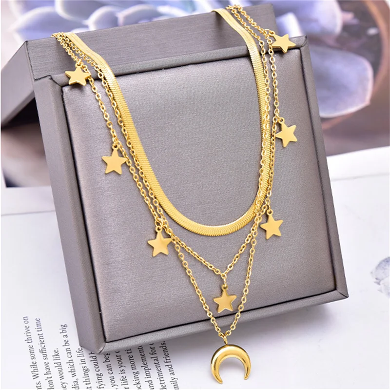 316L Stainless Steel New Fashion Fine Jewelry 3-layer Star Moon Tree Love Charms Thick Chain Choker Necklaces Pendants For Women