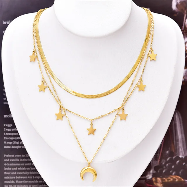316L Stainless Steel New Fashion Fine Jewelry 3-layer Star Moon Tree Love Charms Thick Chain Choker Necklaces Pendants For Women