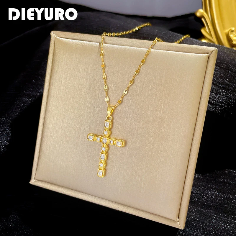 316L Stainless Steel Cross Full Zircon Pendant Necklace For Women New Luxury Quality Girls Clavicle Chain Jewelry Gifts