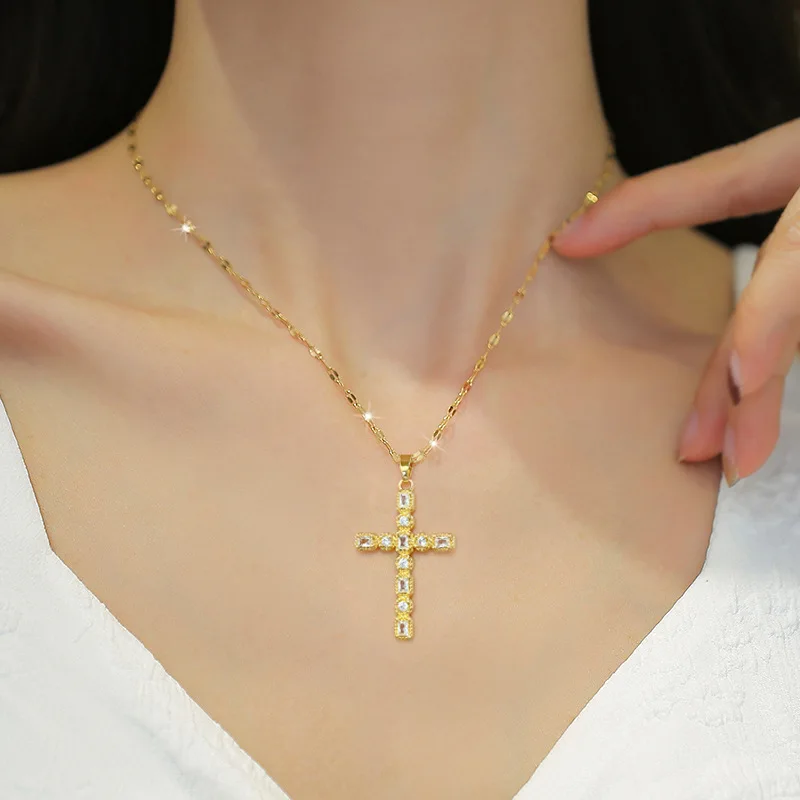 316L Stainless Steel Cross Full Zircon Pendant Necklace For Women New Luxury Quality Girls Clavicle Chain Jewelry Gifts