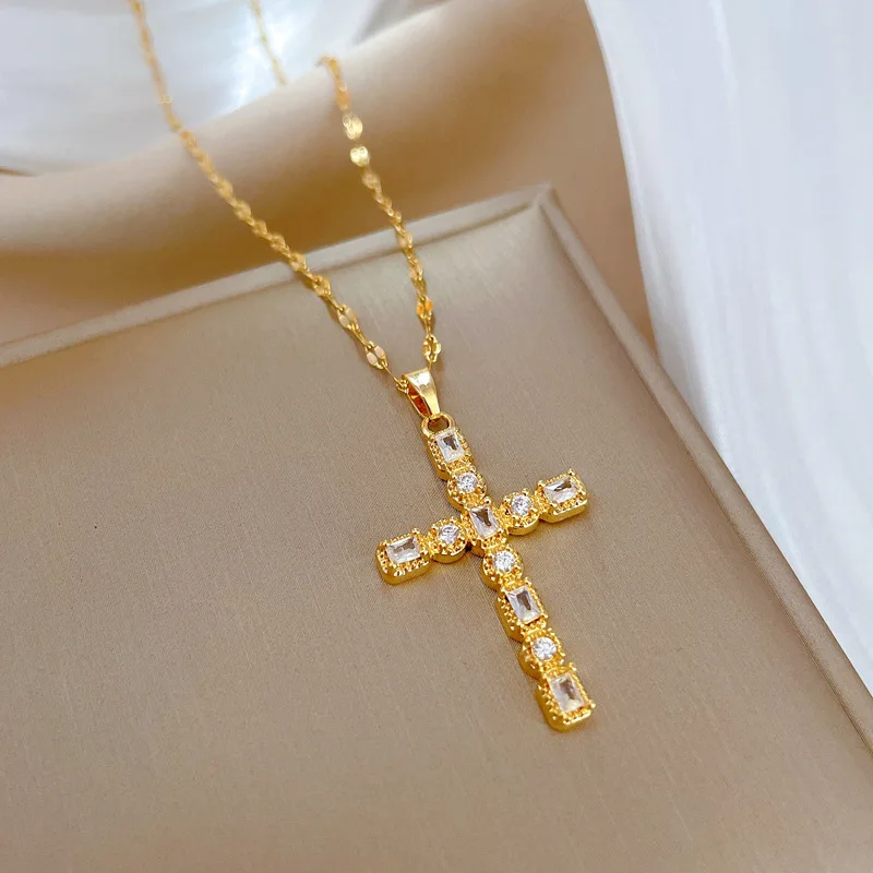 316L Stainless Steel Cross Full Zircon Pendant Necklace For Women New Luxury Quality Girls Clavicle Chain Jewelry Gifts