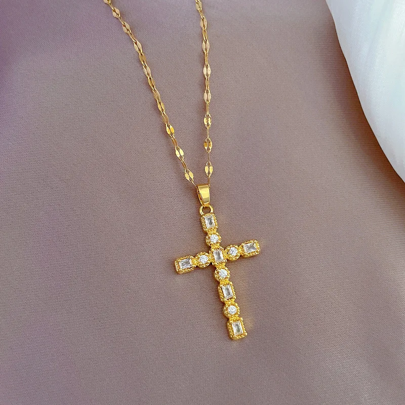 316L Stainless Steel Cross Full Zircon Pendant Necklace For Women New Luxury Quality Girls Clavicle Chain Jewelry Gifts