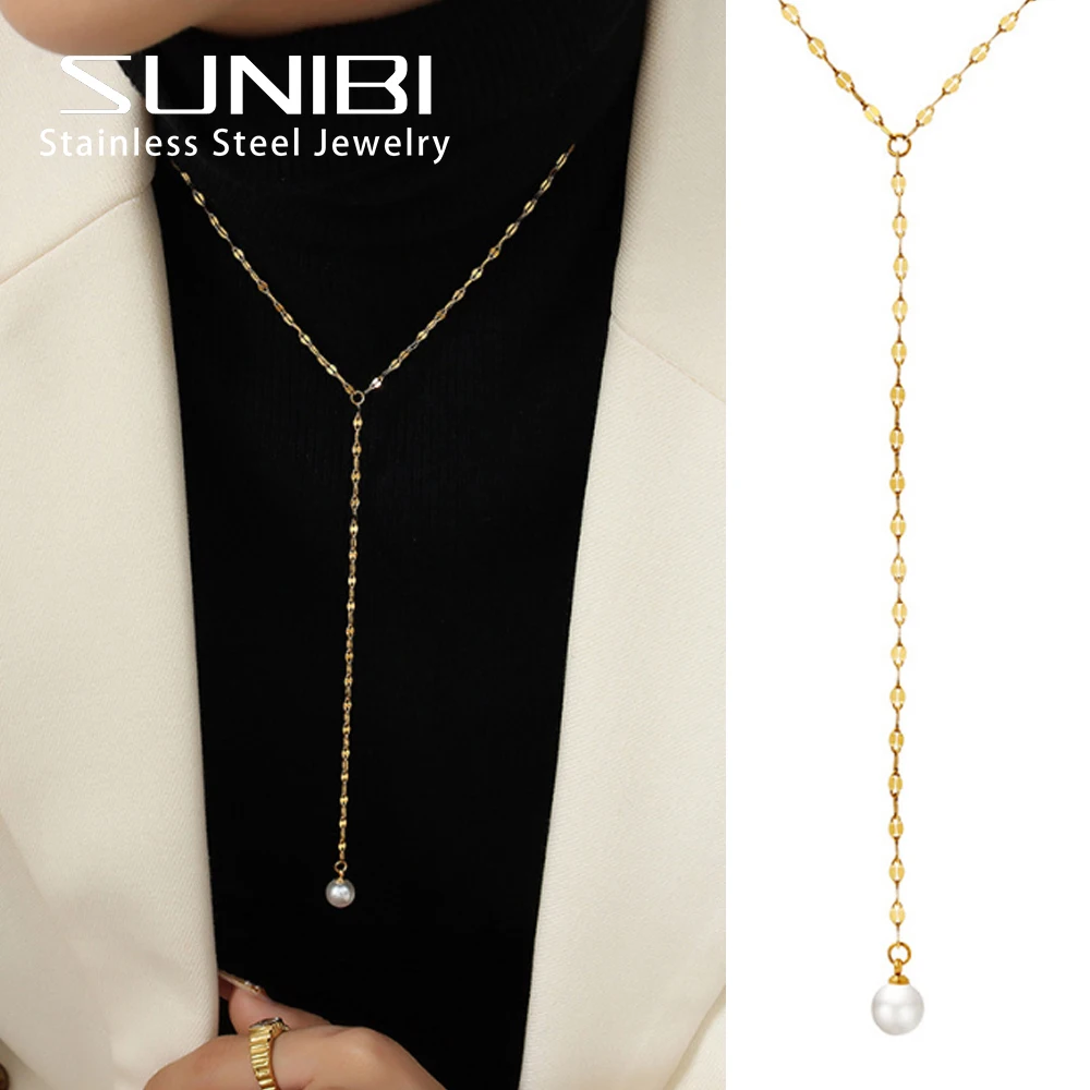 SUNIBI Y-shaped Necklace for Woman Imitation Pearl Stainless Steel Long Pendant Necklaces Fashion Jewelry Wholesale Dropshipping