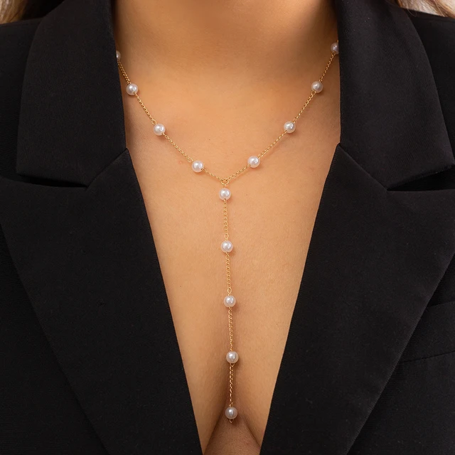 Gothic Simple Imitation Pearl Chest Long Chain Necklace for Women Wed Bridal Kpop Bead Choker Neck Jewelry AccessoriesP