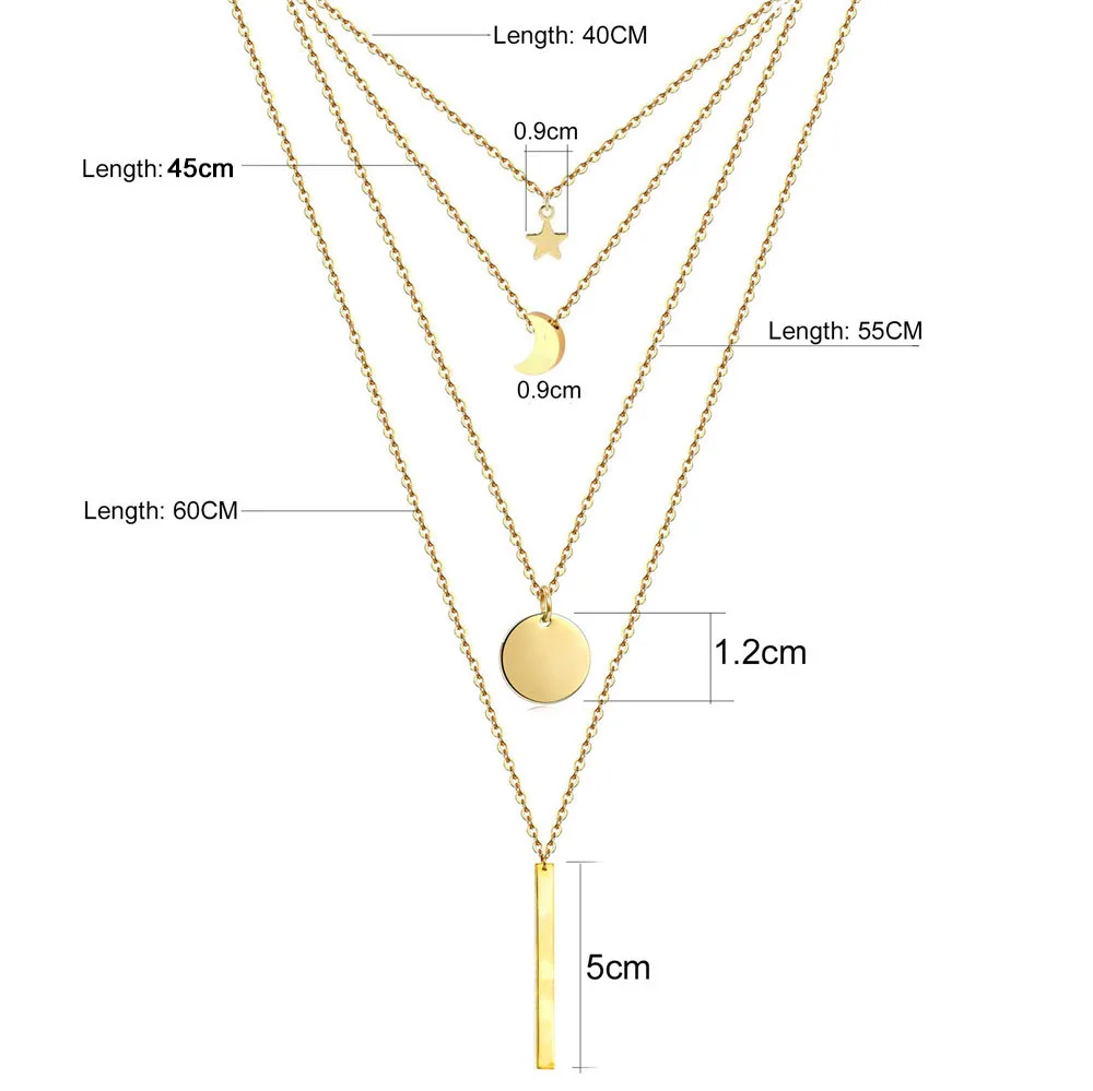 Stainless Steel Chain Pentacle Star Round Coin Moon Bar Pendants Necklaces For Women Multi Layered Necklaces