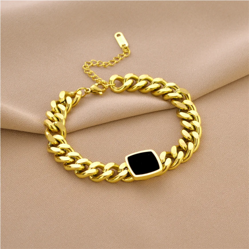 316L Stainless Steel New Fashion High-end Jewelry Black Square Charms Thick Chain Choker Bracelet Necklaces & Pendants For Women