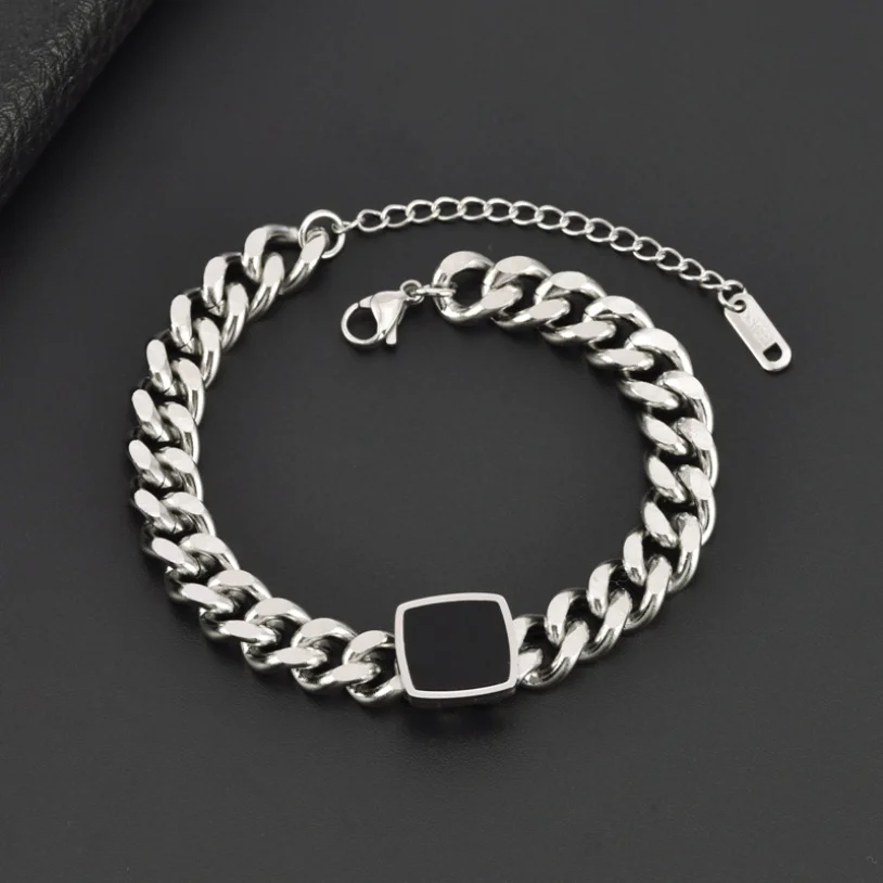 316L Stainless Steel New Fashion High-end Jewelry Black Square Charms Thick Chain Choker Bracelet Necklaces & Pendants For Women